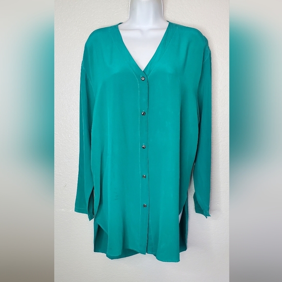 100% Silk Robert Stock Teal Green Button Up Long Tunic Shirt Relaxed Fit Medium - Picture 1 of 8